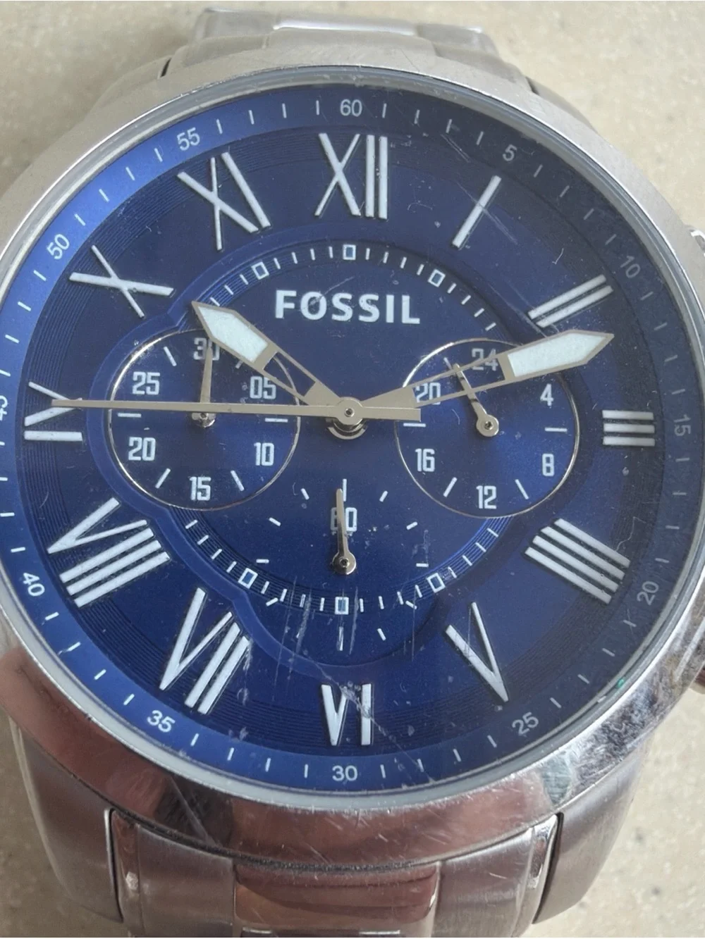 Fossil Grant Watch FS4844 Mens Chronograph 44mm Case Blue Dial Bracelet Quartz